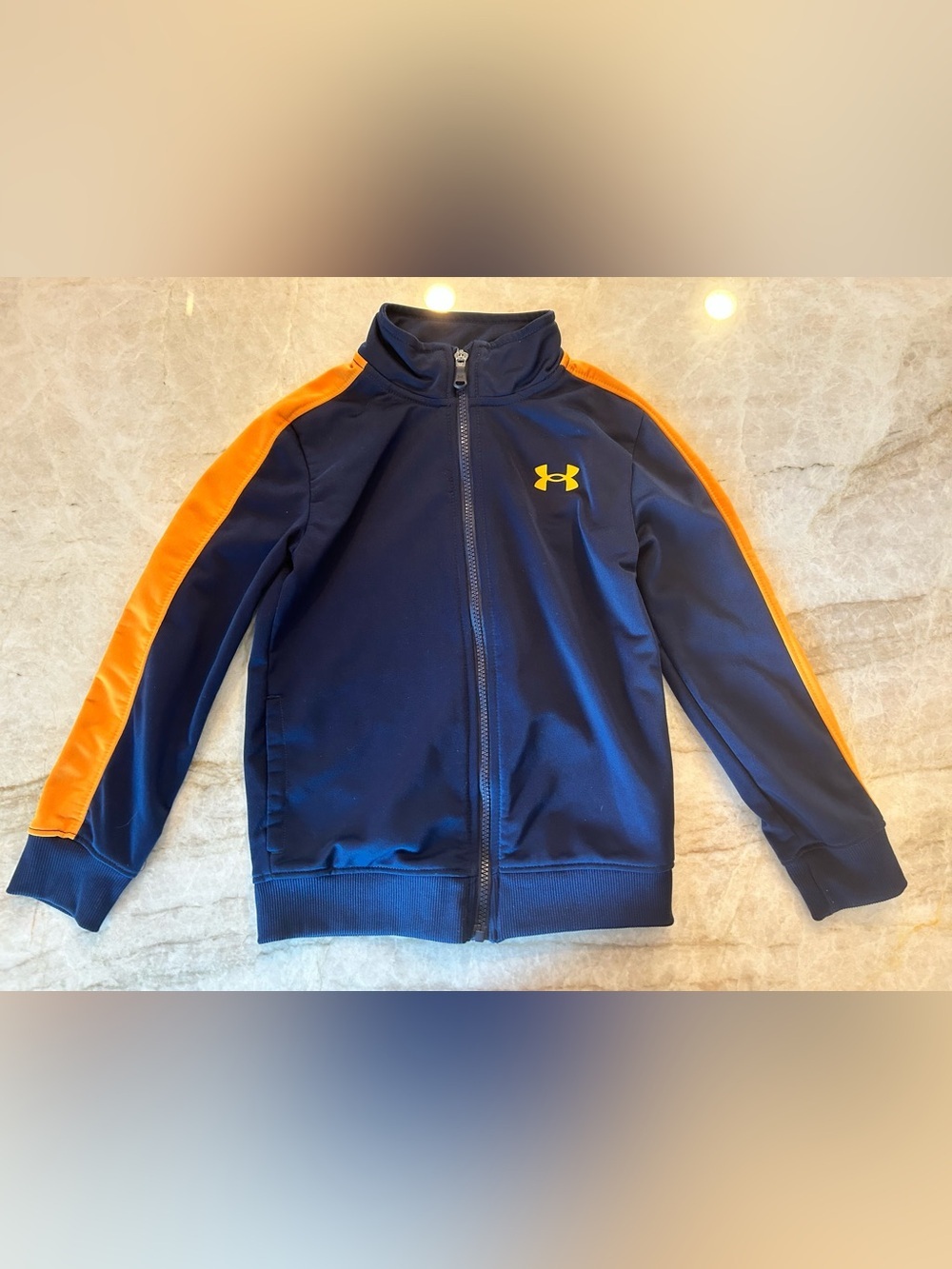 Under Armour Boys Size 7 Navy Orange Full Zip Track Jacket Athletic Warm-Up